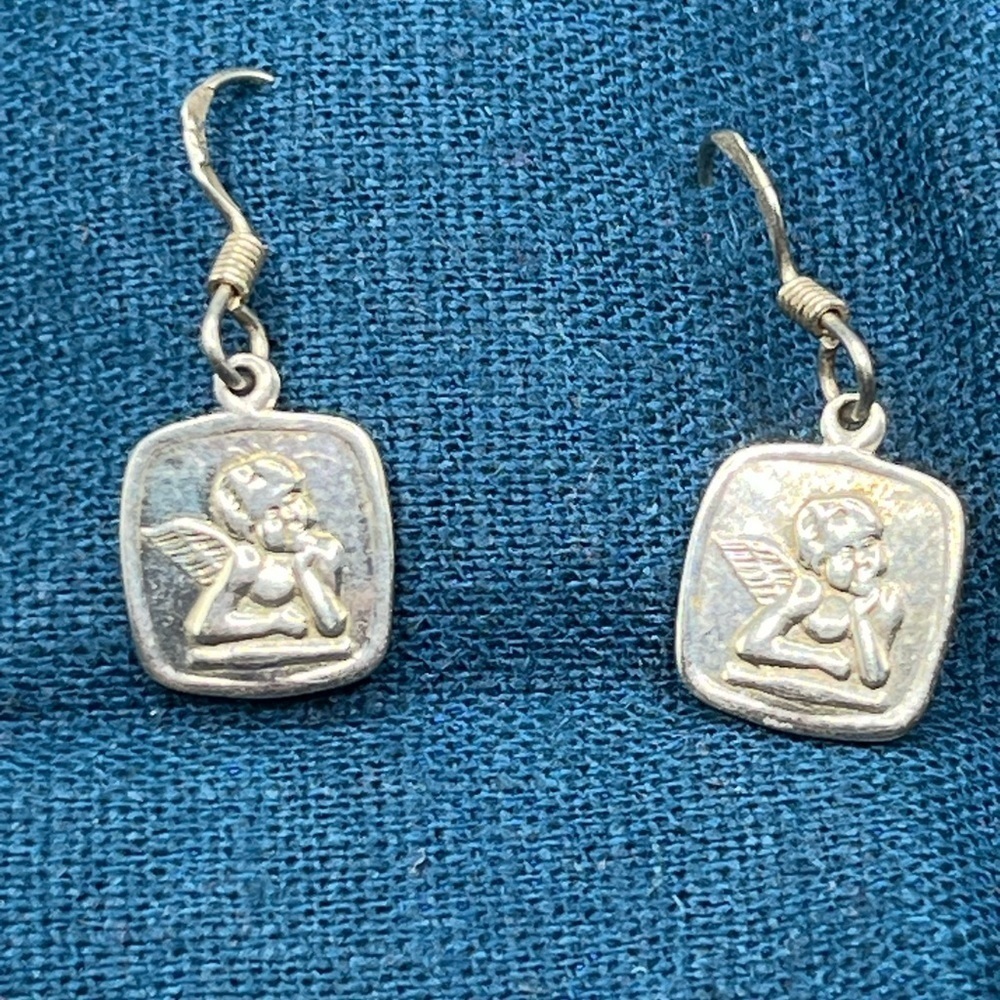 Small angel cherub sterling silver dangling earrings tiny